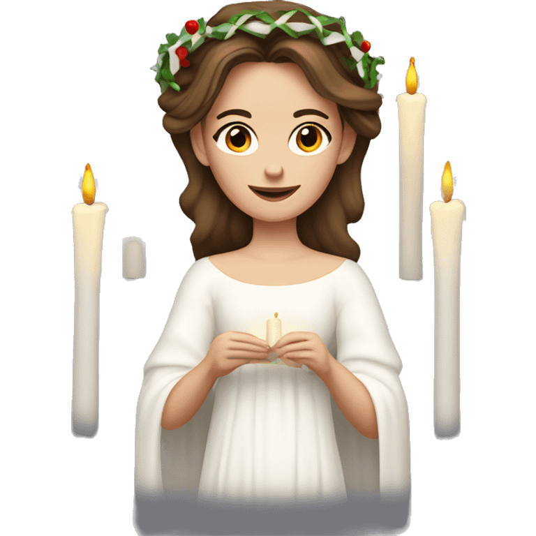 brown haired white women with white gown and advent wreath with long candles on the head emoji