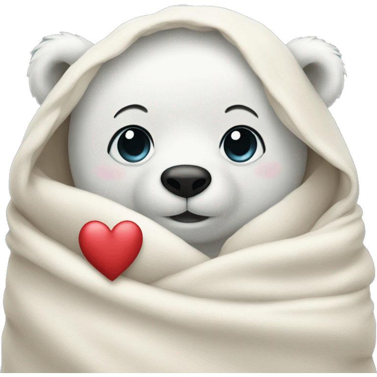 Baby polar bear in a blanket holding a heart emoji