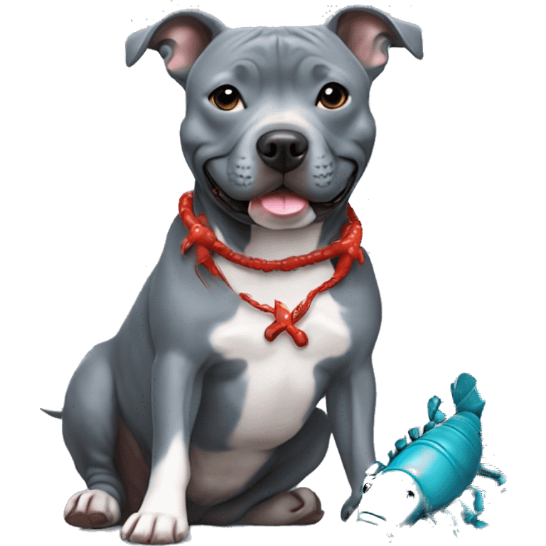 Blueish gray Staffy with lobster toy  emoji