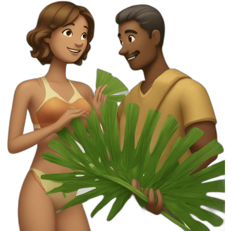 woman fanning a man with palm leaves emoji