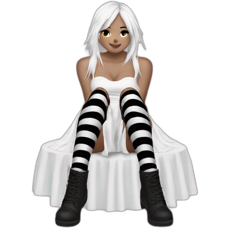 Frontal view curvy emo girl sits white skirt striped stockings hands up emoji