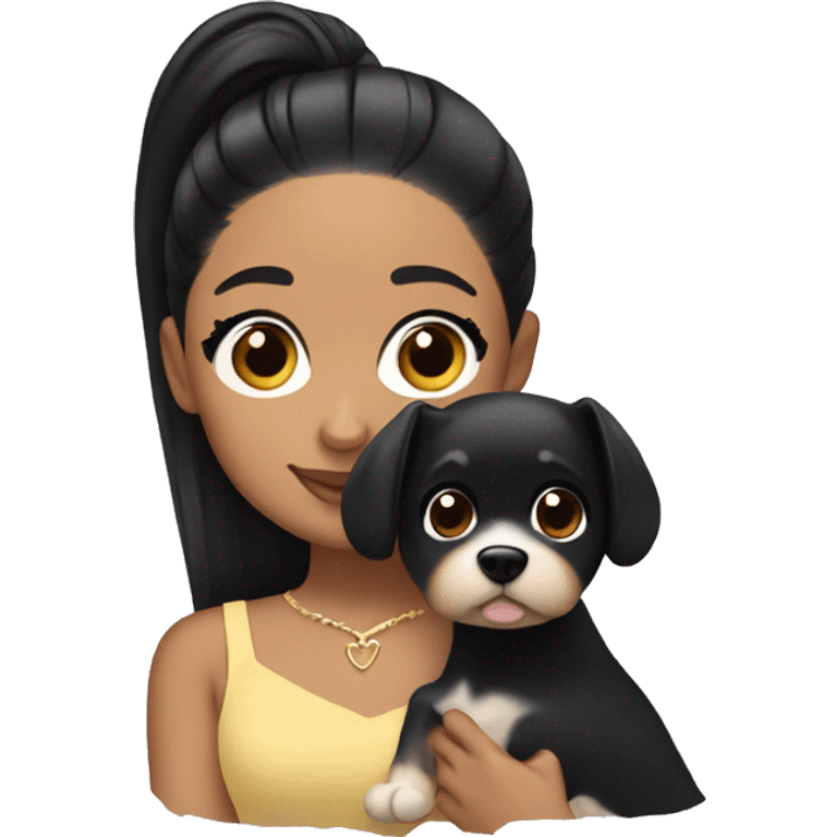 Ariana grande with black hair holding a dog emoji