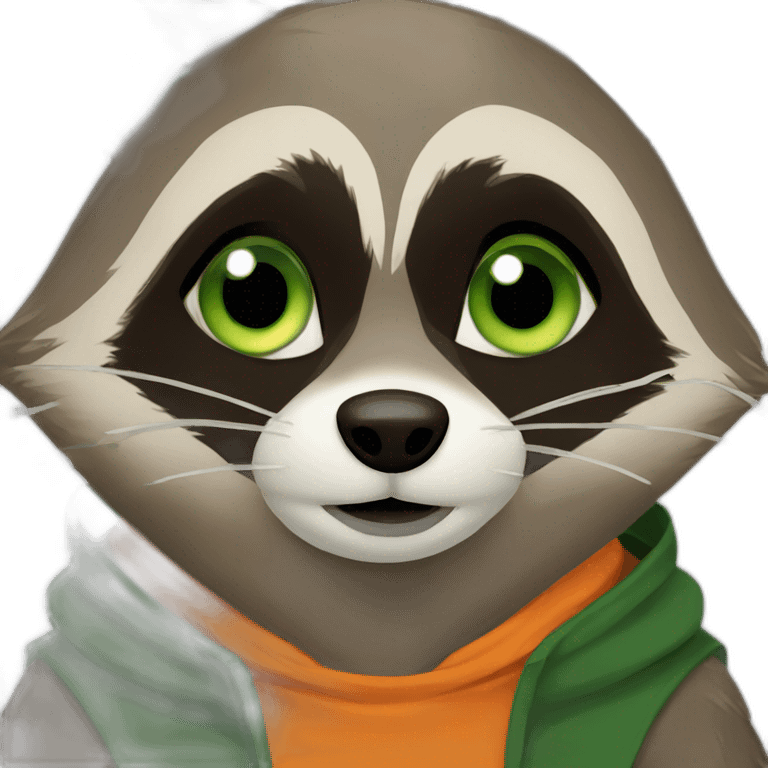 brown raccoon with orange eyes and a dark green hood that is crying emoji