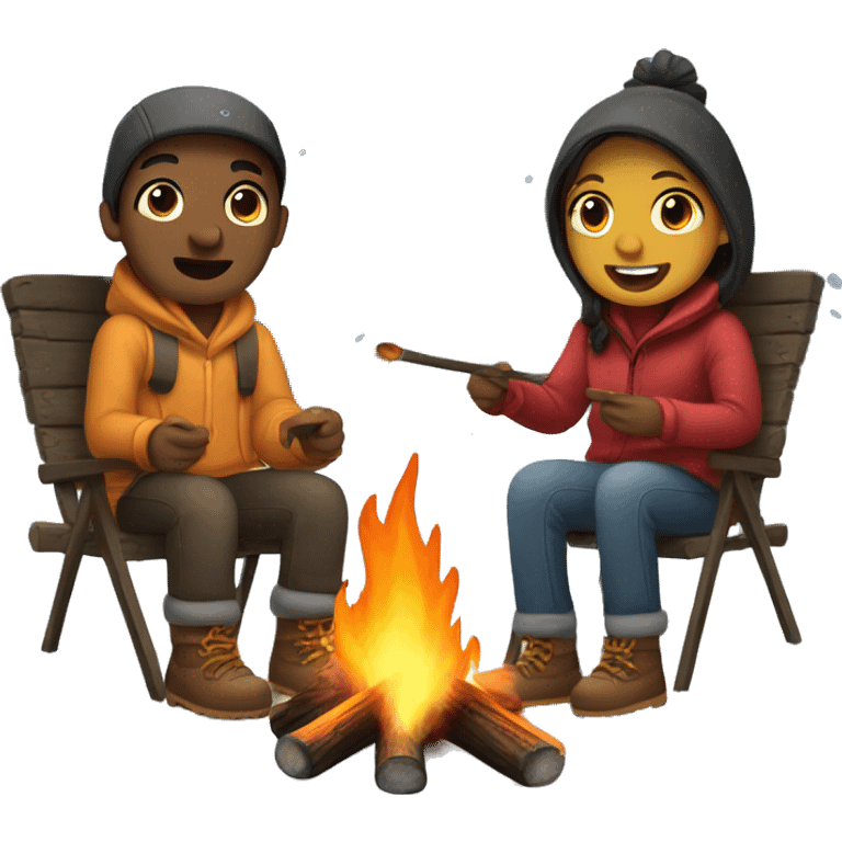 2 people sitting around camp fire while it's snowing emoji