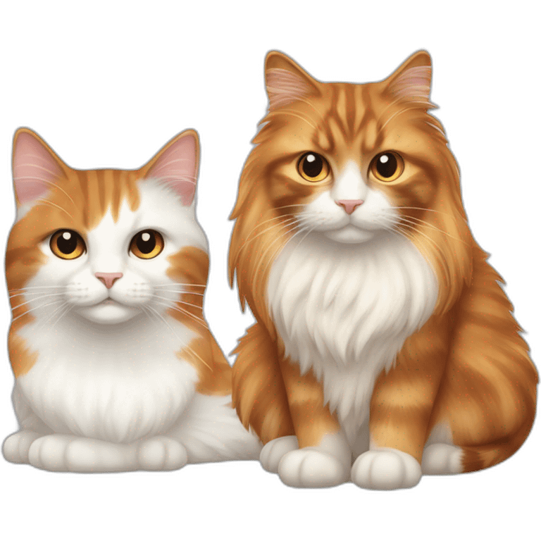 Long-haired, brown and  white calico cat next to an orange tabby cat emoji