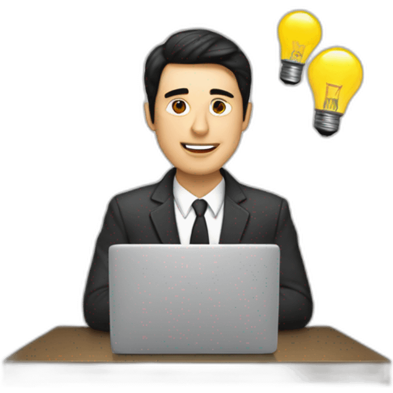 A white man with black hair working on a laptop with a lightbulb above his head emoji