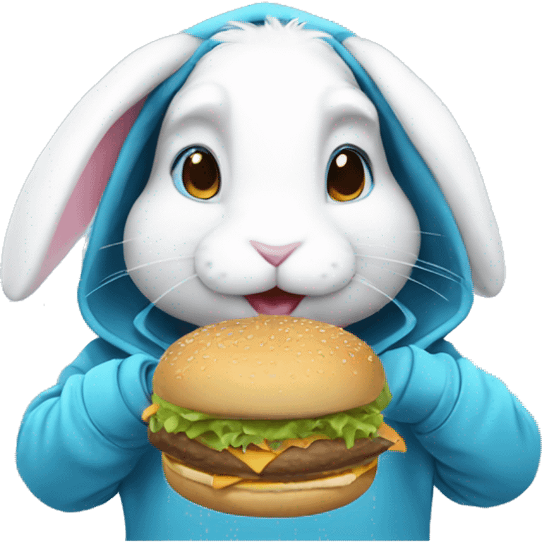 White bunny wearing blue pastel hoodie and eat  a burger emoji