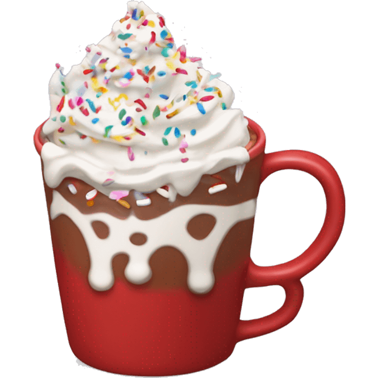 Red mug of hot chocolate with whipped cream and sprinkles   emoji