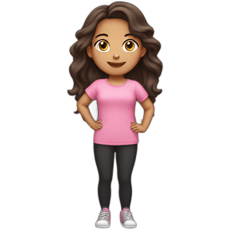 Indonesian girl with long wavy brunette hair, wearing a pink baggy tee and black leggings. emoji