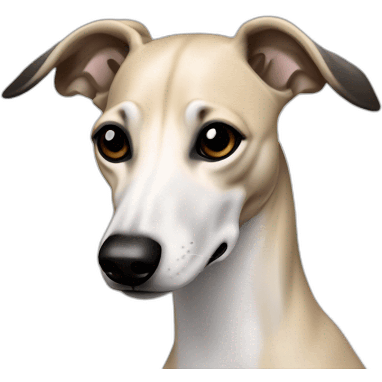 a beige whippet with a dark snout, black and white mouth patchy and black angel wing like eyes – walking emoji