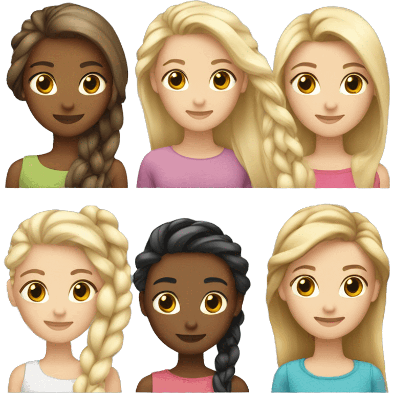 4 girls , one blonde long hair, one blond short hair, one medium blonde long hair braid, one brown hair long  emoji