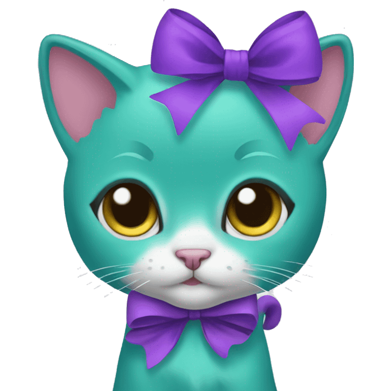 Teal kitten with a purple bow emoji