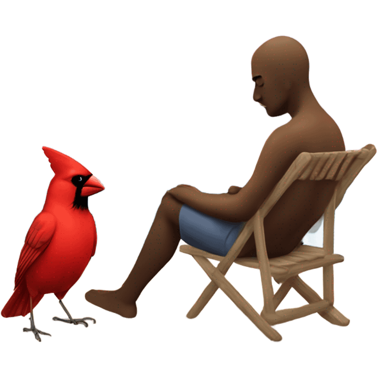 Create a picture of a person and a cardinal that are sad from grief sitting on beach with palm trees during a sunset emoji