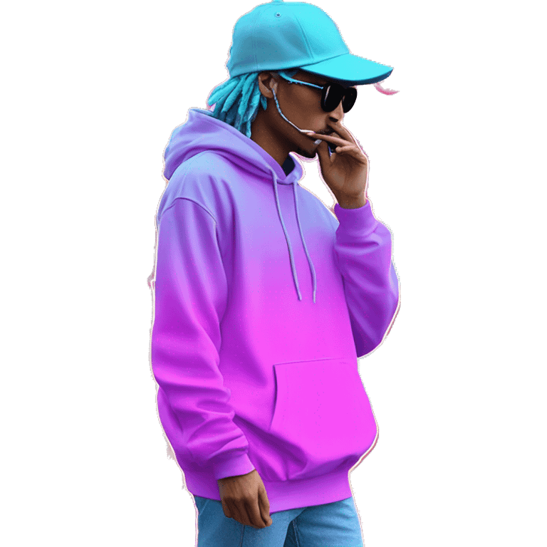 Multicoloured neon Vaporwave person smoking wearing hoodie dancing hip hop bucket hat tropical Skater fashion aesthetic baggy clothes graphic t shirt 420 emoji