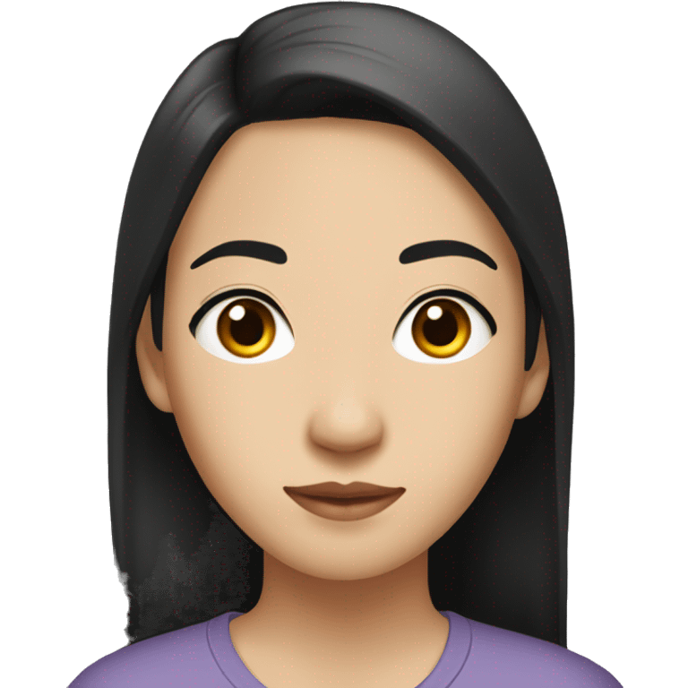 A 22 year old, Asian woman, with straight black hair,   with brown eyes wearing a t-shirt. emoji