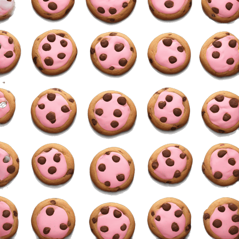 Realistic pink chocolate chip cookies placed on a baking pan. emoji