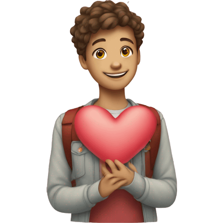 A smiling teenager holds a heart that is made up of small squares emoji