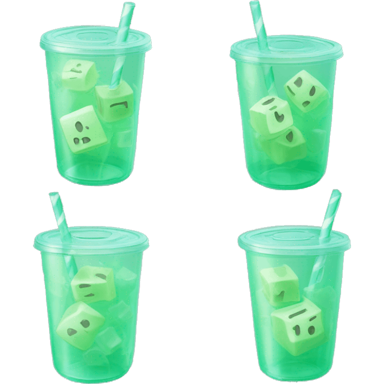 Realistic plastic cup and lid with Transluscent mint green and large ice cubes inside and one straw through the top of the lid. emoji