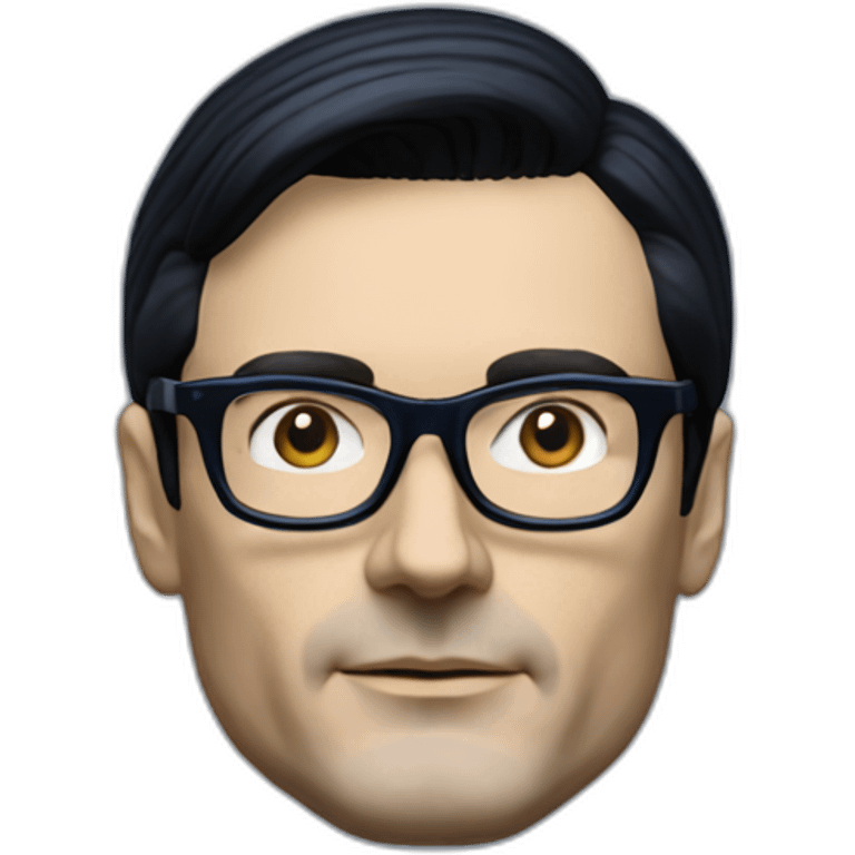 photo realistic Ralf Hutter from Kraftwerk, short straight black hair, black glasses, Dark Blue T-shirt, facing left emoji