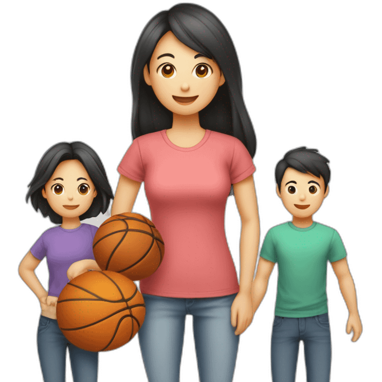 Famille 4 personne 1 fils aîné avec un t-shirt de basketfille cadette au cheveux long 1 père asiatique 1 mère emoji