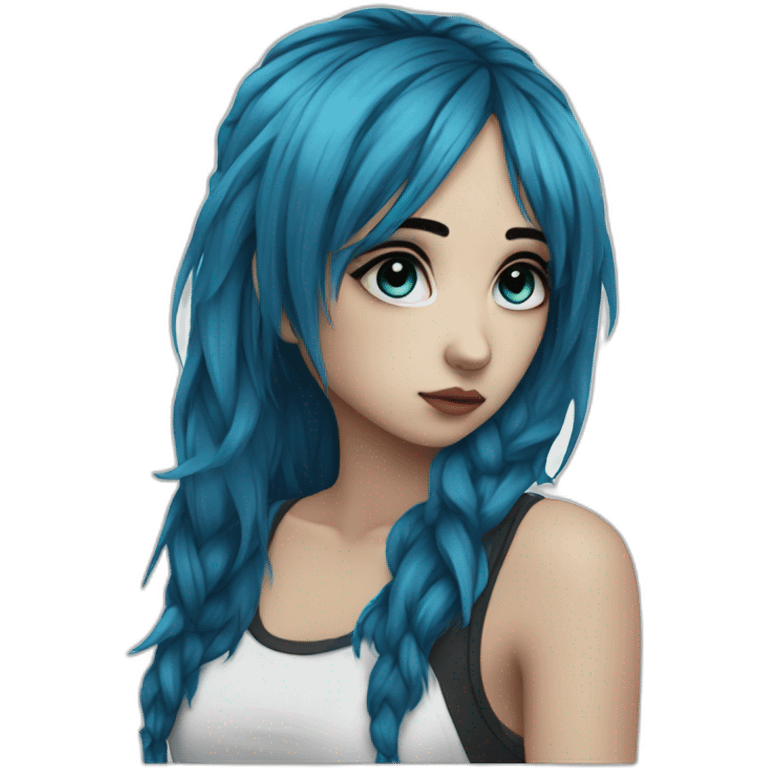 Side profile sad emo girl, black makeup, long choppy blue hair side bangs emoji