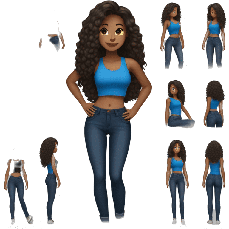 Fit girl long hair dark brown slightly wavey in blue tank top and black high waist skinny jeans emoji