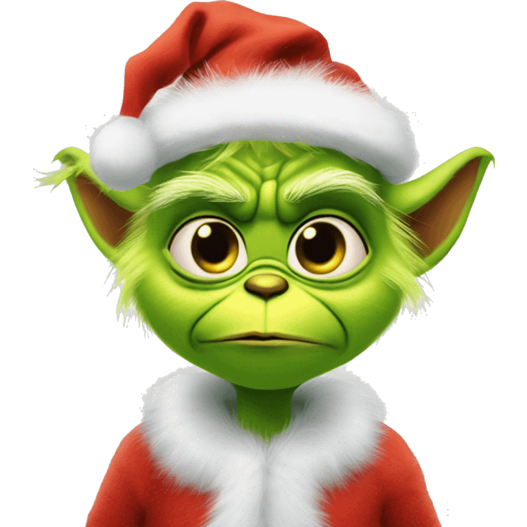 Soft cuddly baby grinch like character with cute expression fuzzy costume and Santa hat emoji