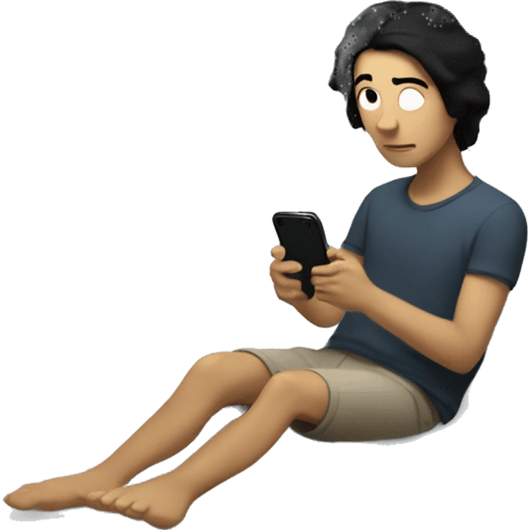 A white person with black hair sits on the edge of a bed, looking at their phone in a softly lit room, with the full bed and surroundings in view." emoji