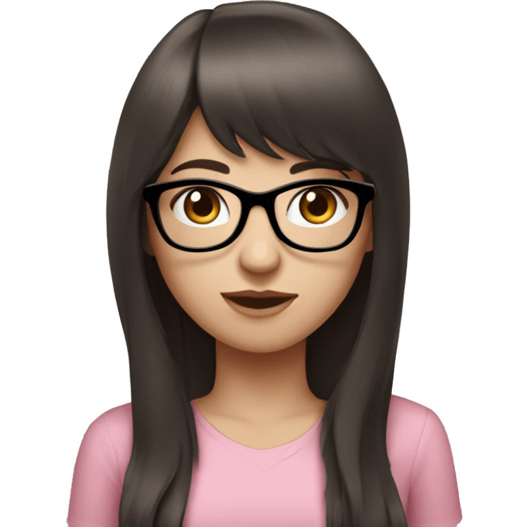 Girl with long dark brown hair and bangs and black glasses pale skin pink shirt emoji