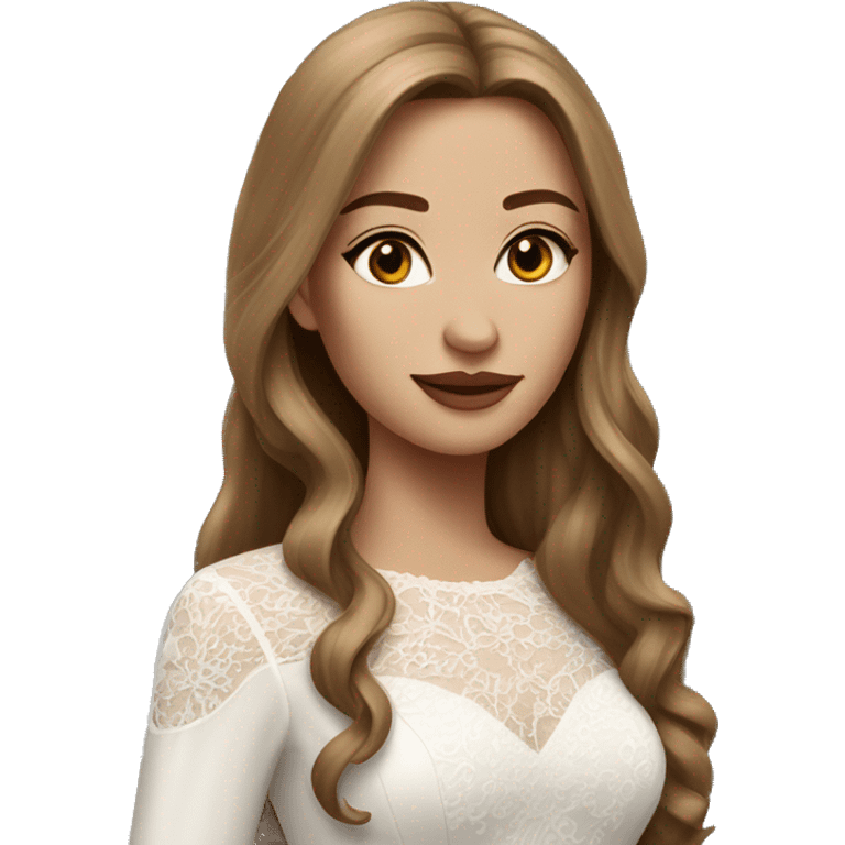 Beautiful woman with long straight light brown hair wearing a long sleeved laced wedding dress emoji