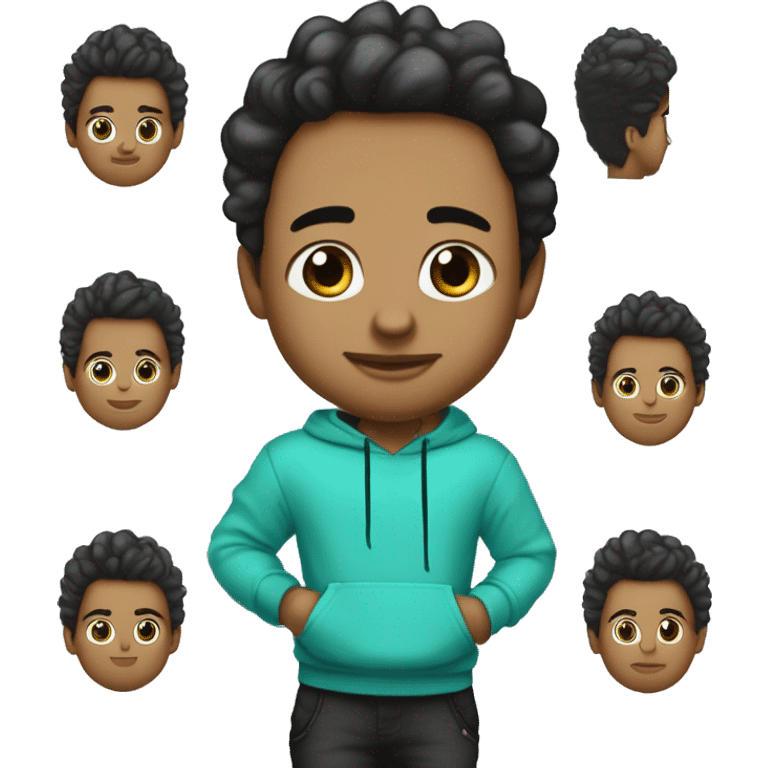 Garçon aux cheveux ondulé brun mèche de cheveux blanche à gauche yeux turquoises porte un sweat-shirt noir et trois piercings noir à l'oreille droite  emoji