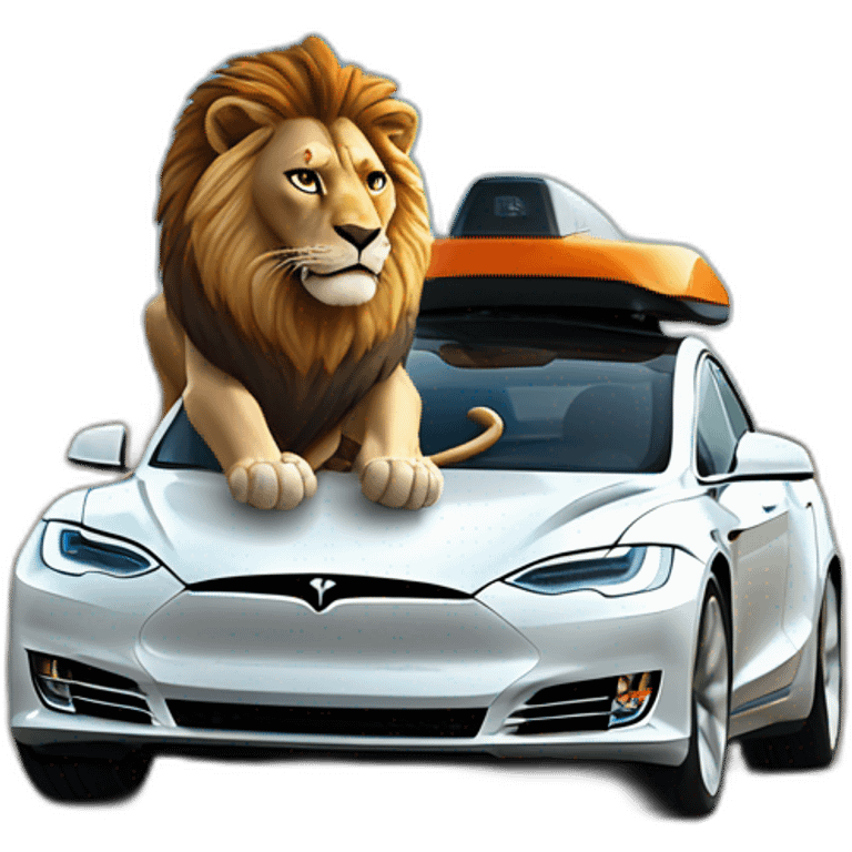 fun lion surfing on a tesla and the letters AWS are written on the side emoji