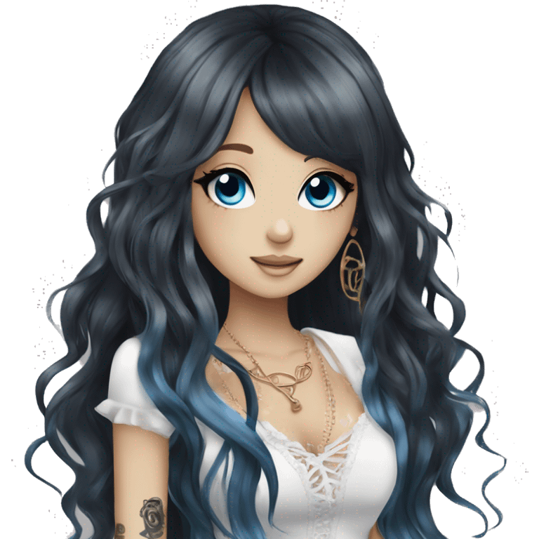 hime gyaru girl, tattoos, long black hair and blue eyes emoji