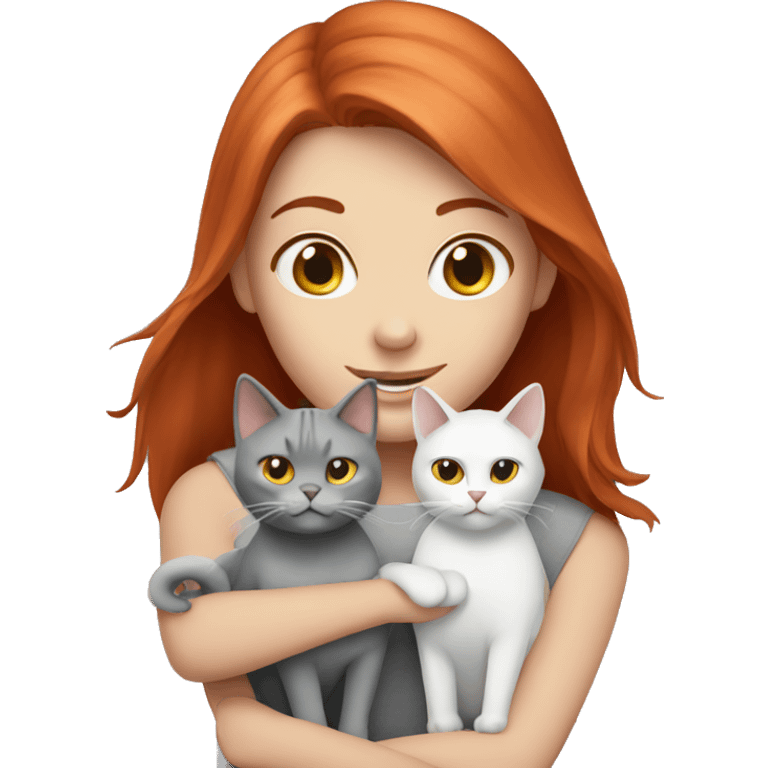 Red haired girl holding 1 grey cat and 1 grey and white cat emoji