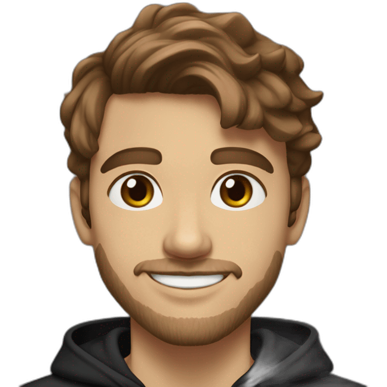 young man with short beard smiling medium long wavy rockabilly style brown hair with light skin and dark brown eyes wearing black sweatshirt hoodie emoji