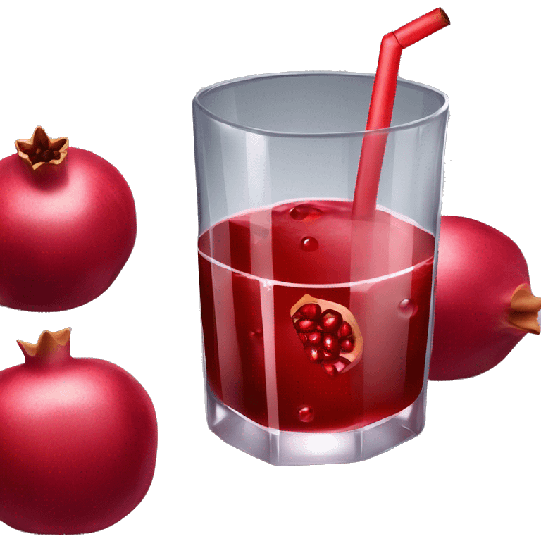 a glass of a very tempting bloody-red pomegranate juice with a pomegranate leaning on it. Ice cubes and straw in the glass. emoji