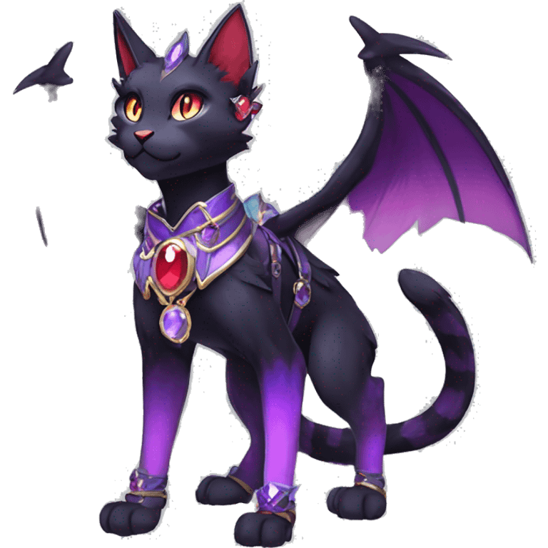 cool kawaii cartoon edgy distinguished ethereal elegant beautiful fantasy black purple red ethereal fantasy nargacuga-Noivern-cat-Quiana-Fakemon collar harness moon gem jewels full body emoji