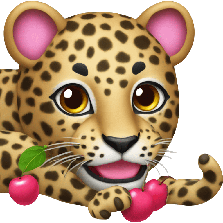 Leopard with a pink bun eating cherry emoji