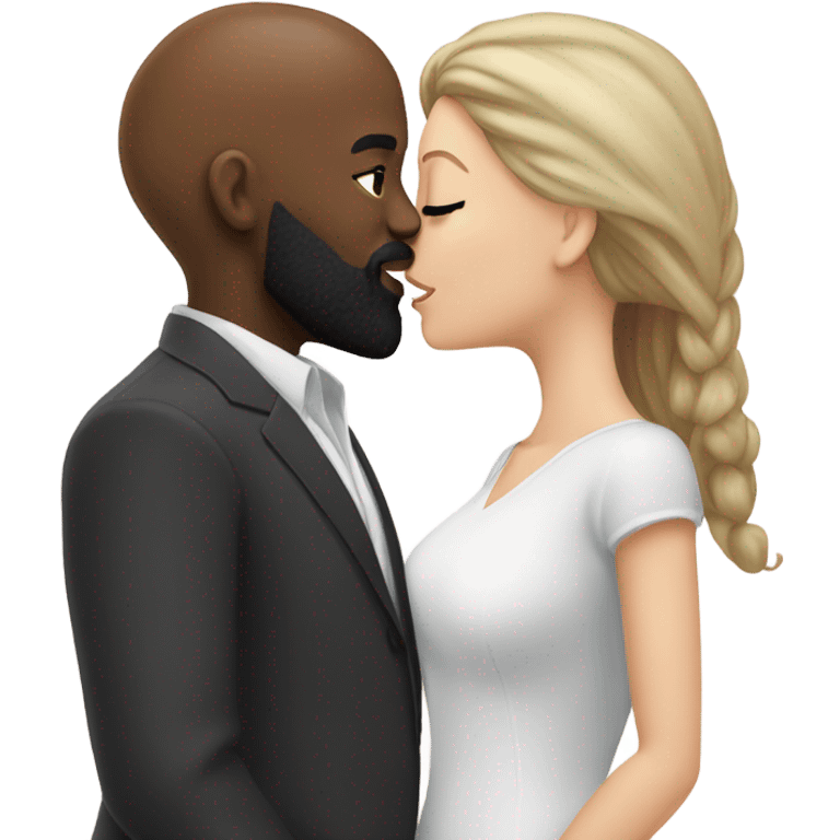 White girl brunette kissing black bald man with beard emoji