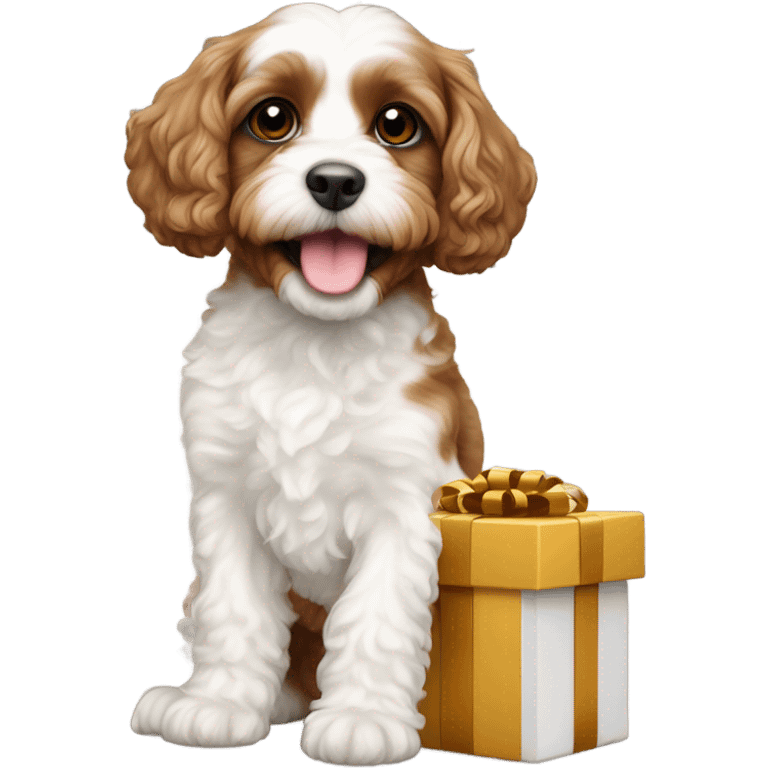 Brown and white cavapoo and new year gift box emoji