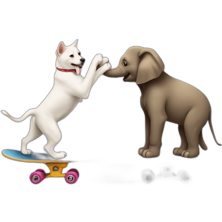 Un chien qui fait du skate avec un chat sur le dos en train de tenir un éléphant emoji