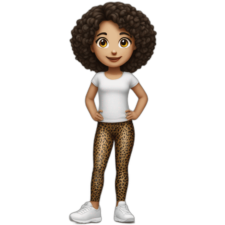 European curly dark hair girl in leopard leggings emoji