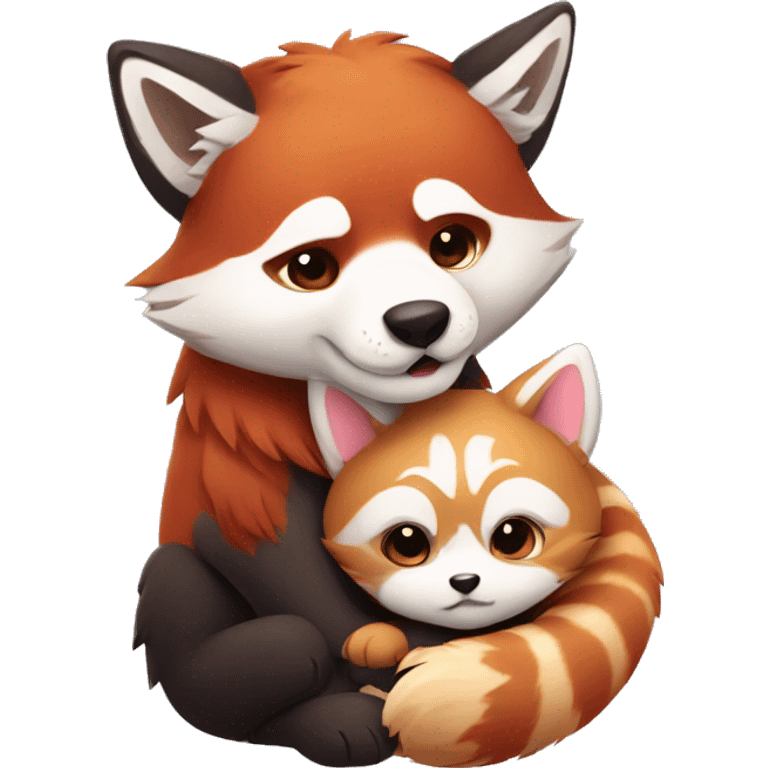 Wolf, red panda, kitten cuddled up emoji