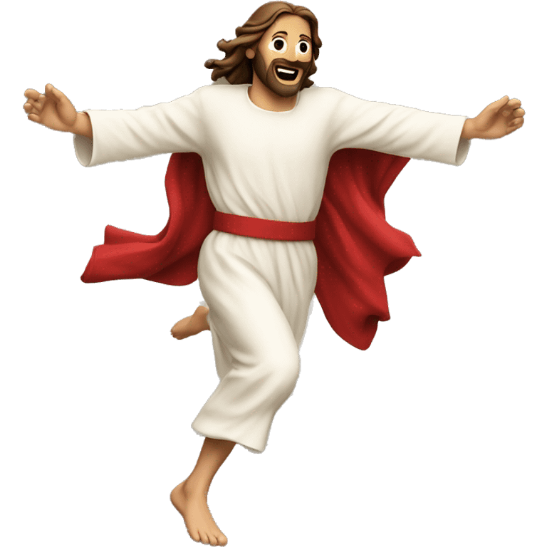 Jesus sprinting, with a large stride and arms outstretched, in a santa costume emoji