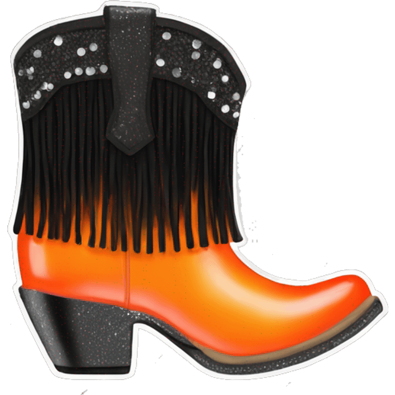 Realistic short neon Orange to black ombre fashion cowgirl boot with sparkly shiny glitter fringe on them. emoji