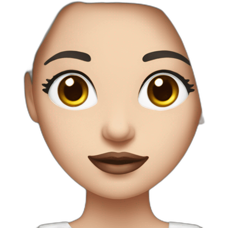 Women with long dark brown straight hair and long eyelashes, blue eyes, pink lips and thick dark brown eyebrows wearing a white dress emoji