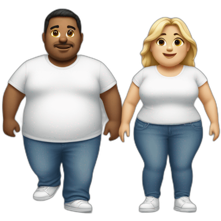 Couple fat boy and thin girl both wearing white tshirt blue jeans and white shoes emoji