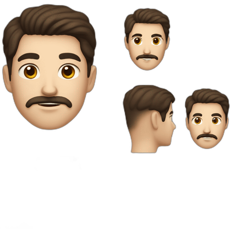 A young Caucasian man with dark brown eyes, almond-shaped eyes, short dark brown hair, and a small dark brown beard with a more prominent mustache. emoji