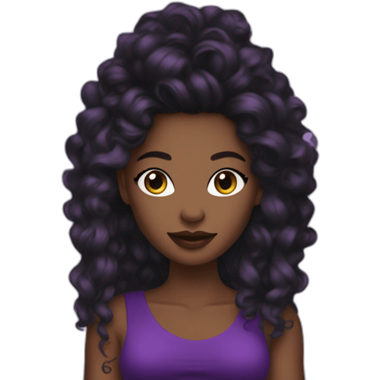 dark black woman in purple fashion y2K crop top with long hair and make up emoji