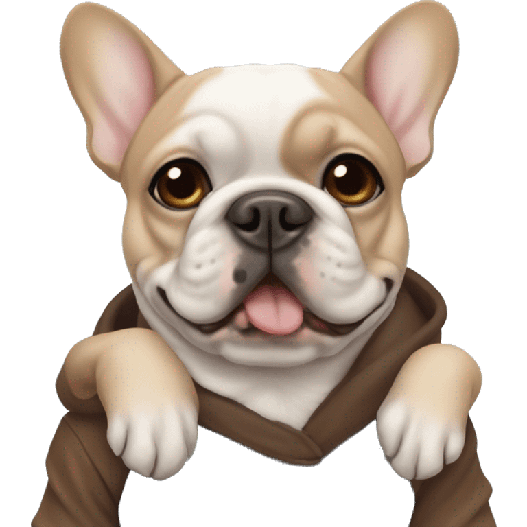 A brown French bulldog with a dark muzzle sits in the arms of a girl with short dark hair and blue eyes emoji